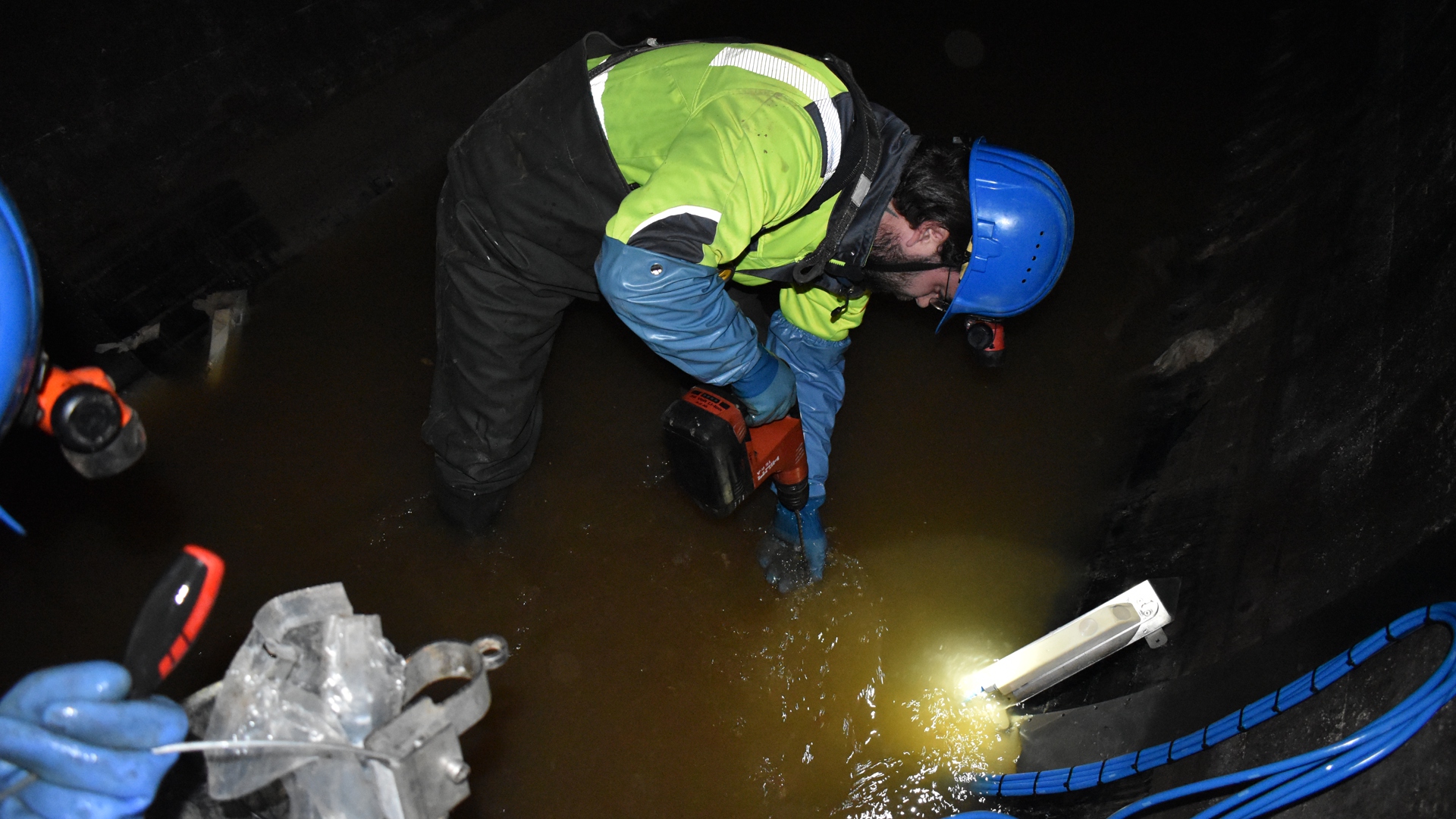 Installation works in the sewer channel